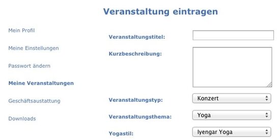 Die Mitglieder können eigene Veranstaltungen mit Bild und Event-Icon veröffentlichen, löschen erneut eintragen usw. Die einzelne Veranstaltung wird auf der Seite thematisch strukturiert dargestellt und bei Auswahl einer Veranstaltung per AJAX geladen und in einem Overlay dargestellt.