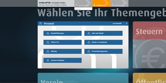 Bei Auswahl einer Produktgruppe taucht der Kunde animiert in die zweite Produktebene ein auf der er eine weitere Auswahl seiner Produktkategorie vornimmt. Neben dem aktuellen Auswahlfenster werden die anderen Hauptkategorien vergrößert dargestellt, so dass der Benutzer auch in einen anderen Produktbereich wechseln kann, ohne zurück auf die erste Auswahlebene wechseln zu müssen.