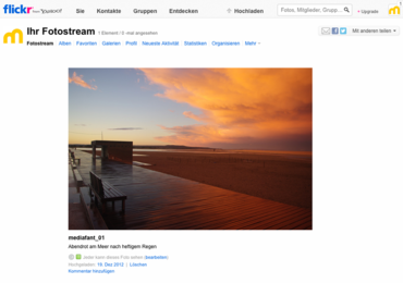 Mit Flickr und Co können Sie Fotos schnell und problemlos veröffentlichen und so einer großen Anzahl an Interessenten freigeben. Sie haben die Möglichkeit Fotos nur einem bestimmten Personenkreis zur Verfügung zu stellen, oder der Öffentlichkeit. Auf Ihrer Webseite können Sie eigene und Fotos von Anderen einbinden und so interessante Bilderschauen zusammenstellen.