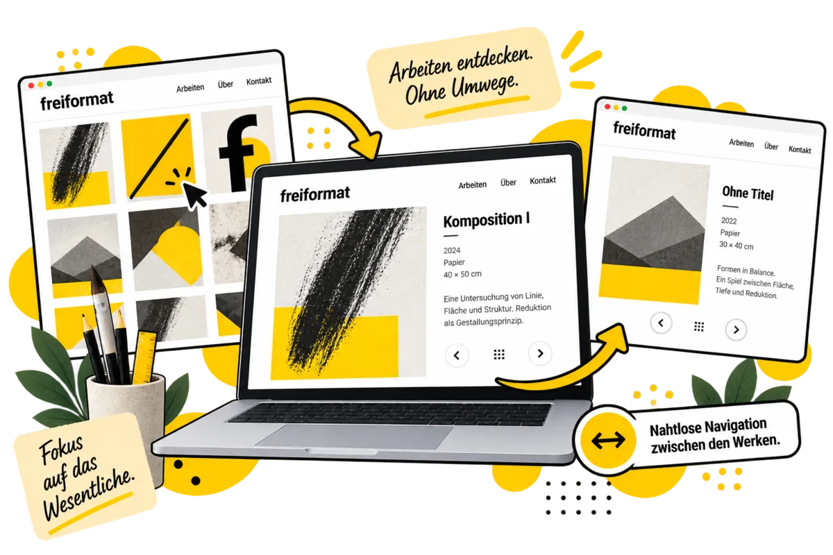 Ein reduziertes Portfolio mit fließender Werknavigation